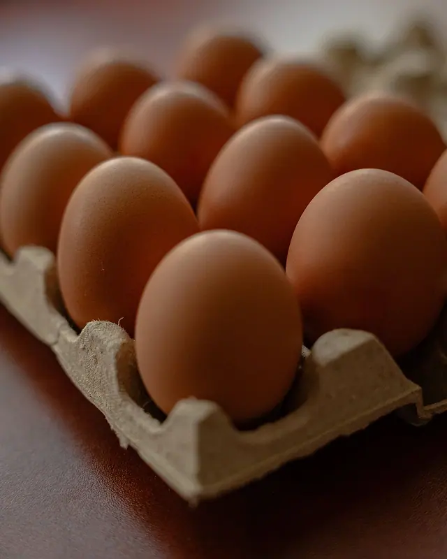 Trays of fresh brown eggs in a commercial egg tray