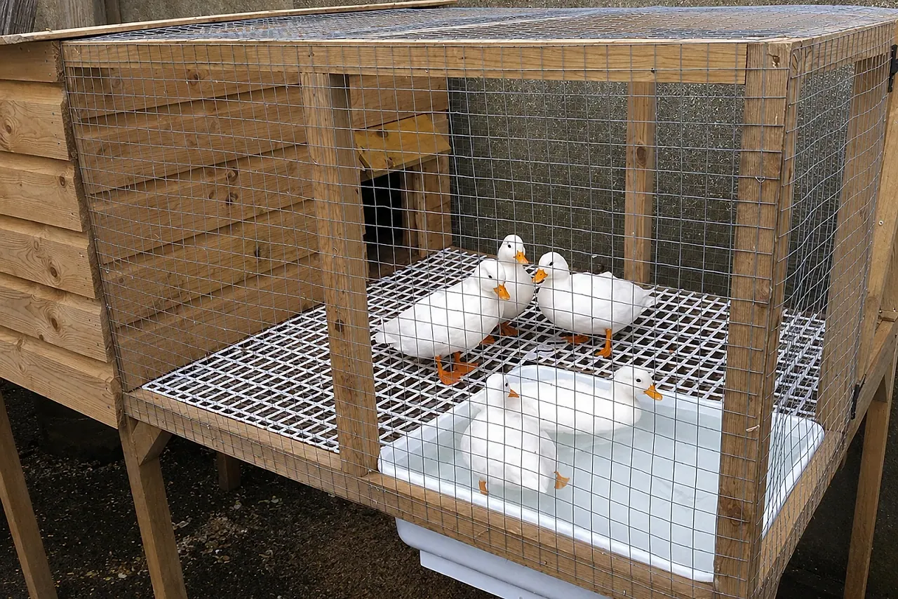Call Duck House with integrated water area, garden setting.