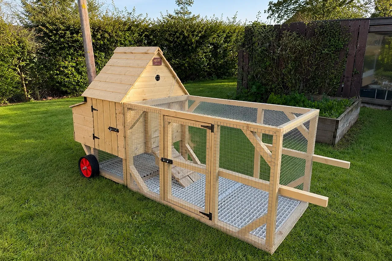 Ranger on Wheels — mobile coop with heavy-duty wheels, garden setting.